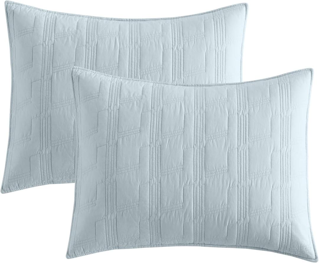 HORIMOTE HOME 100% Cotton Quilted Pillow Shams King Size, Aqua Blue Pre-Washed 2 Pack 20" x 36" Cozy Pillowcases, Breathable Stitching Pillow Cases Cover Decorative for Bed in Geometric Pattern