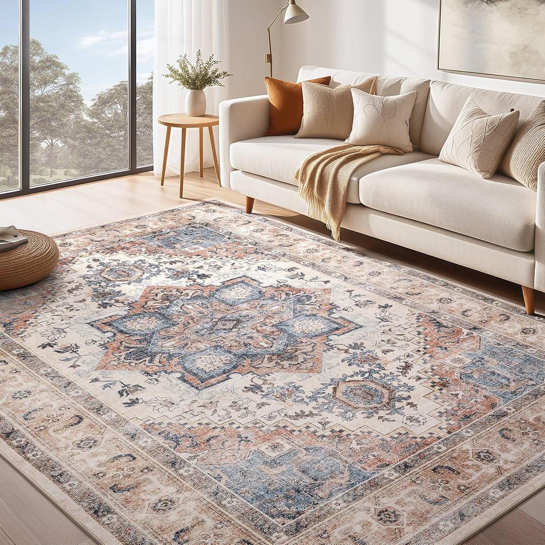 Washable Rug 9x12 Area Rugs: Boho Vintage Distressed Oriental Medallion Neutral Thin Large Rug Carpet for Living Room Bedroom Dining Room Home Office Decor - Camel
