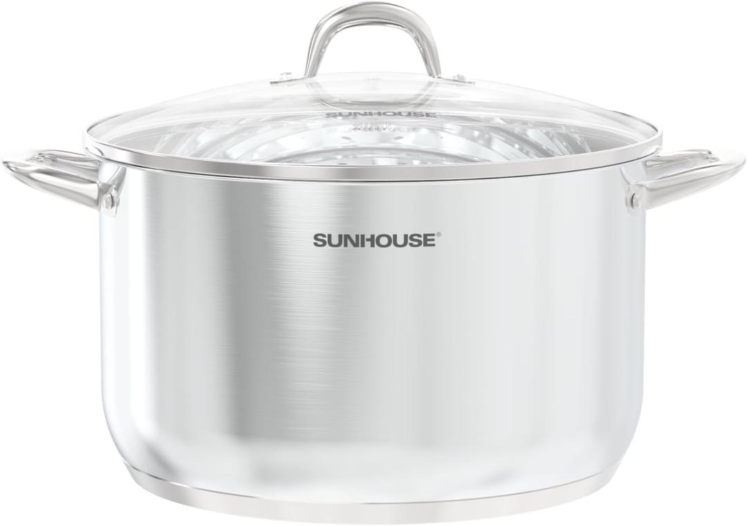 SUNHOUSE Stainless Steel Stock Pot - 15 Quart Heavy-Duty Induction Cooking Pot with Visible Lid for Pasta, Soup, Spaghetti - Nonstick Thick-Bottom Deep Stockpot for Canning, Boiling, and Simmering