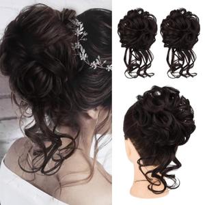 HOOJIH 2PCS Messy Bun Hair Piece, Tousled Updo with Tendrils Hair Bun Extensions Wavy Curly Hair Wrap Ponytail Hairpieces Hair Scrunchies for Women HB010 Dasiy - Dark Brown