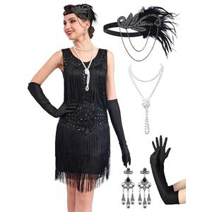 RRYIO 1920s Flapper Dresses for Women,Lace V Neck Great Gatsby Dresses Fringed Roaring 20s (Black, S)