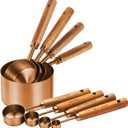 Copper Stainless Steel Measuring Cups and Spoons Set,8 Piece Measuring Cup Set with Wooden Handle and Metric and US Measurements，Copper Polished Finish，for Cooking and Baking in The Kitchen