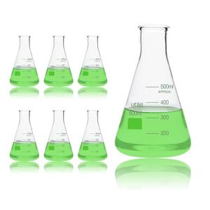 Utile Glass Erlenmeyer Flask Set, 500ml Narrow Mouth Erlenmeyer Flasks, 6pcs of Borosilicate 3.3 Glass Conical Flasks for Laboratory with Printed Graduation, 4016.0500.6
