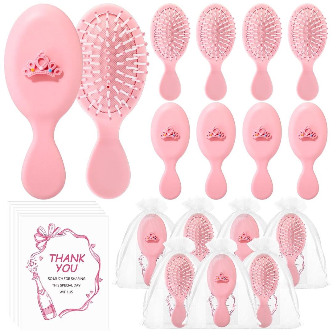 Meanplan 12 Sets Princess Party Favors Small Crown Pink Hair Brush Mini Compact Travel Hairbrush Thank You Cards for Girls Princess Birthday Party Decoration Gifts