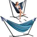 SUNCREAT 2-in-1 Convertible Backyard Fabric Hammock with Stand, Large Hammocks for Outside, Blue Stripes