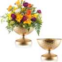 Gold Metal Urn Vases 2 Pcs - 7.5 Inch Vintage Hammered Pedestal Flower pots for Wedding Centerpieces, Elegant Floral Arrangement Vase Decor, Anniversary Party Home Decoration
