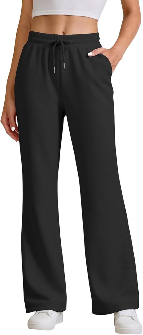 JEKAOYI Womens High Waisted Flared Sweatpants Drawstring Casual Lounge Lightweight Wide Leg Pants with Pockets (Medium, Black)