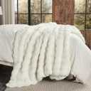 Lotus Karen Faux Fur Throw Blanket Cream White - Big Bubble Rabbit Fluff Blanket for Couch, Small Fluffy Fuzzy Cozy Blanket, Thick Furry Plush Shaggy Blankets, 50x60 Inches