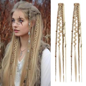 REECHO Clip in Braid Hair Extensions for Women, 16" Boho Dreadlock Clip in Braids with Beads & Charms, 2PCS Synthetic Braided Hairpieces for Cosplay Daily, Medium Blonde with Light Blonde