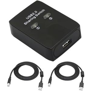 USB 2.0 Printer Sharer Switcher, USB Type B Adapter 2 in 1 Out 2 Devices Shared 1 Printer Scanner with Manual Switcher and LED Light (Including 2Pcs 4.9FT USB Printer Cables)