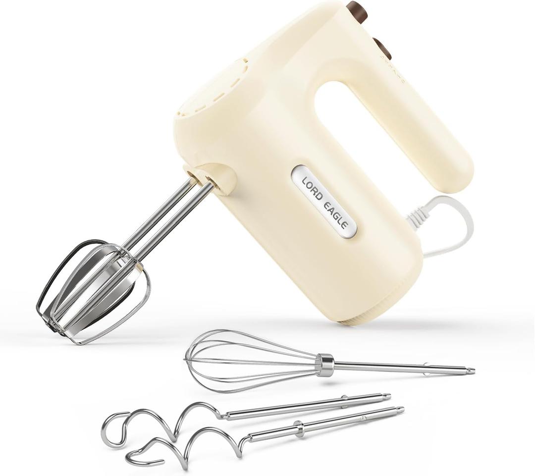 Lord Eagle 5-Speed Hand Mixer Electric, 300W Compact Small Handheld Mixer, Portable Kitchen Egg Beater with 5 Attachments & Storage Bag, Cake Supplies for Bread Dough Baking, Lightweight, Cream