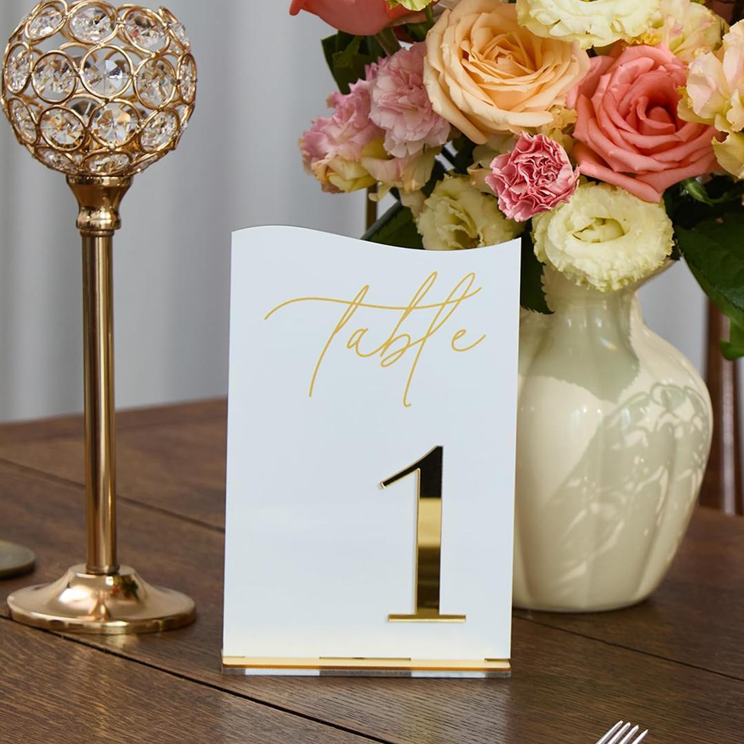 Gold Mirrored Acrylic Wedding Table Numbers 1-30 Set, Self-Standing Modern Arched Signs for Reception Seating, Anniversary & Bridal Shower, Elegant Wedding Decor (5x7 Inches)