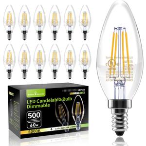 12 Pack E12 Dimmable 60W Equivalent LED Chandelier Light Bulbs, 4.5W Clear 5000K Daylight White 500LM B11 Vintage Filament Candle Light
