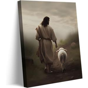 Framed Jesus and Lamb Canvas Wall Art God Faith Poster Prints Wall Decor Picture Christian Home Bedroom Decoration (16"L x 12"W)