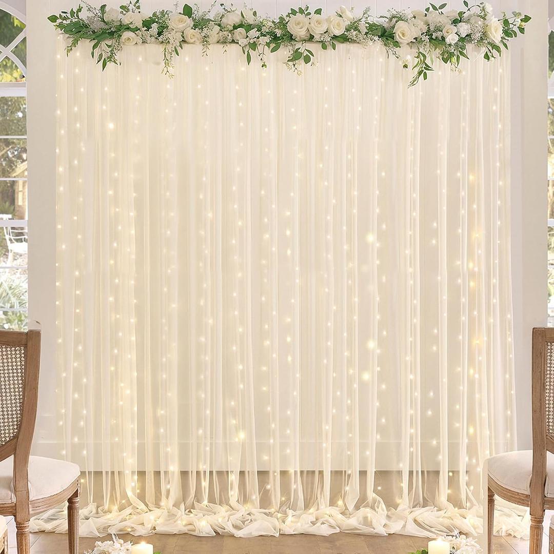 Champagne Tulle Backdrop Curtain with Lights String for Parites Wedding 5x8ft Champagne Sheer Backdrop Curtains for Bridal Shower Baby Shower Birthday Party Photo Booth Background Decorations