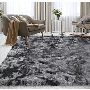 Tie Dye Shaggy 5x7 Area Rug - Fluffy Area Rug for Living Room, Bedroom, and Nursery - Plush Faux Fur Carpet for Modern Home Decor and Room Aesthetic (Dark Grey)