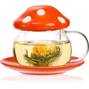Acshio Mushroom Tea Cup, 11 Oz Cute Glass Cup with Tea Infuser and Lid, Heat Resistant Kawaii Mushroom Mug Set Coffee Teapot with Ceramic Coasters, Perfect for Mother's Day Birthday Gift, Orange