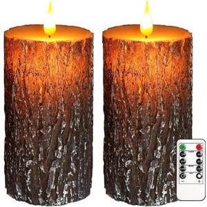VEEKI Flameless Candles Lights, Set of 2 6"x3" Pine Bark Flickering LED Candles with Remote & Timer, Dimmable Pillar Candles Battery Operated, Real Wax Electric Candle for Christmas Winter Home Decor