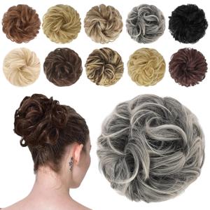 FESHFEN Messy Bun Hair Piece - Wavy Synthetic Chignon Scrunchies for Instant Volume, Elastic Bun Ponytail Hair Extensions Thick Hairpieces for Women, Black Gray and White Tips 1.50 oz
