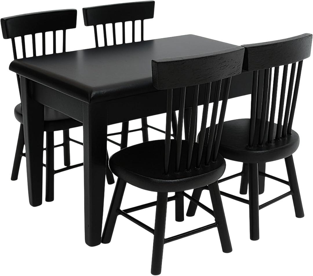 Miniature Dining Table and Chairs Set 5pcs 1:12 Scale Dollhouse Room Furniture Kitchen Mini Wooden Chair Accessories, Model Accessory Decoration for Doll House DIY Hobby, Black