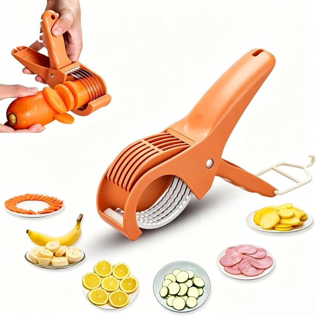 Stainless Steel Fruit and Vegetable Chopper Portable Food Fruit Slicer for Banana Vegetable Cutter Multi-Functional Kitchen Gadget Tool Quick Salad Maker with Lock System (Orange)