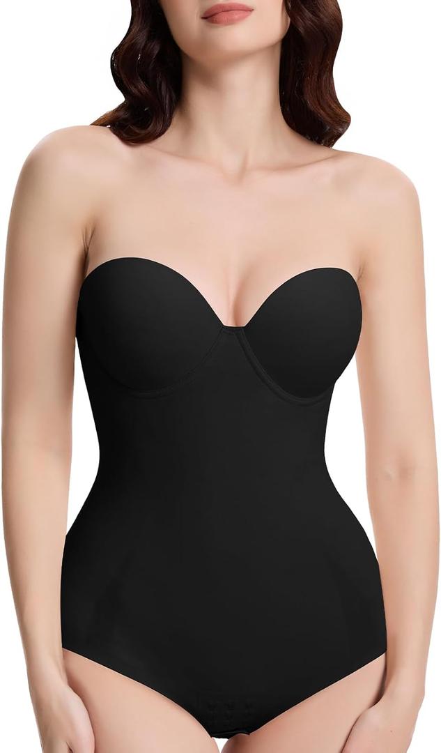 Decorus Seamless Strapless Shapewear Bodysuit - Tummy Control Sculpt Body Shaper : Cupped with Removable Straps (X-Large, Black)