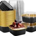 50 Pcs Mini Square Baking Cups with Lids,5oz Aluminum Foil Mini Cake Pans with Lids,Disposable Ramekins Cake Pans,150ml Dessert Cups Cupcake Pans for Wedding Birthday Party,Black Gold