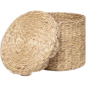 Round Wicker Laundry Hamper with Lid, Natural Water Hyacinth Woven scalloped basket, Space-Saving for Dirty Clothes - Bedroom & Bathroom (Large)