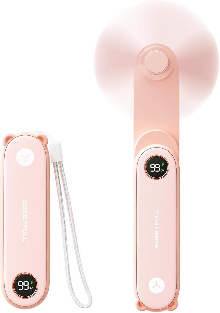 SWEETFULL Portable Handheld Mini Fan with LED Display, 3-in-1 Personal Foldable USB Rechargeable Hand Held Fan & Flashlight for Travel, Lash Eyelash, Cute Small Pocket for Women, Girls (Pink)