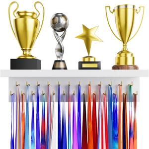 Medal Holder Display Trophy Shelf Organizer, Sturdy Wooden Race Award Hanger Rack with 25 Steel Hooks, Wall Mount Storage Stand for Sports Fans, Cheer Success (Pure White)