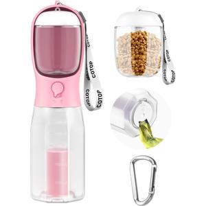 20oz Dog Water Bottle with Food Container & Poop Bag Dispenser | Leak-Proof Portable Pet Water Dispenser with Carabiner Clip | for Walking, Hiking, Travel (Pink)