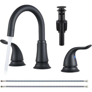 Matte Black Widespread Bathroom Faucet 3 Hole, 8 Inch Adjustable Bathroom Sink Faucet with Pop-Up Drain & Supply Lines, Dual Handle 360° Swivel Spout, Modern Design