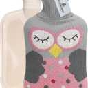 Hot Water Bag Hot Water Bottle 2 Liter Heat Up and Refreezable Hot Cold Pack with Knit Cover for Pain Relief Hot Cold Therapy, Cartoon Owl (Pink)
