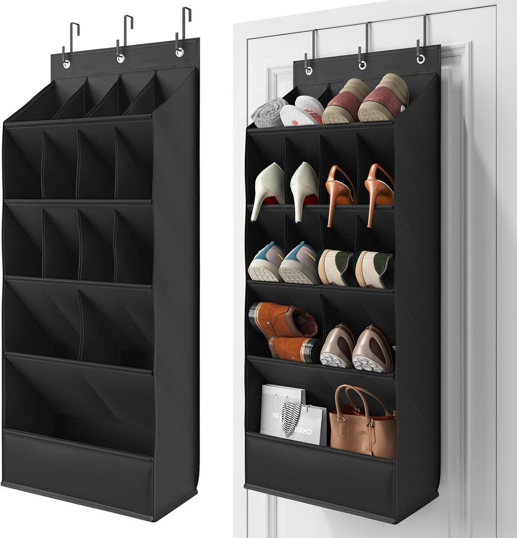 18 Pairs Over the Door Shoe Organizer, Shoe Rack for Closet Door with Large Breathable Pockets, Hanging Shoes Rack for Boots, Behind the Door Organizer Shoe Holder for Categorized Storage, Black