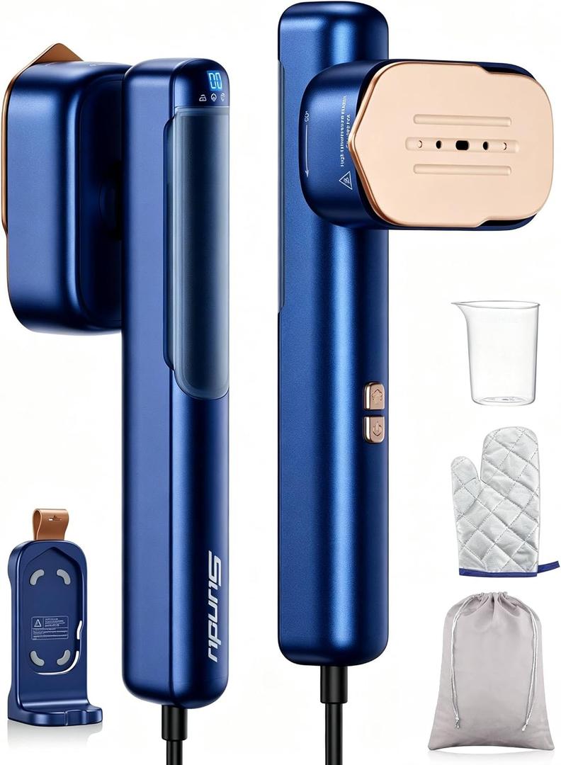 Smart Travel Steamer for Clothes, 100V-240V Portable Iron, 15s Fast Heat Up, 2 in 1 Steamer & Iron, LED Display, 100ml Lrge Water Tank, Compact Travel Size for Worldwide & European Use gold blue