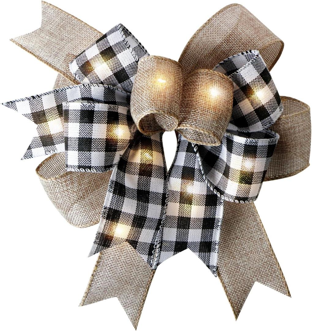 LED Christmas Buffalo Plaid Bow Rustic Burlap Black White Wreath Bow with LED Lights for Holiday Decorations (9.5 x 13 inch)