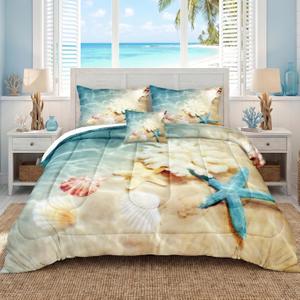 Bedbay California King Comforter Set Beach Themed Bedding California King Beach Decor Coastal Beach Starfish Pattern Oversized 3 Pieces Ocean Quilt Comforter Set(104" Wx96 L)