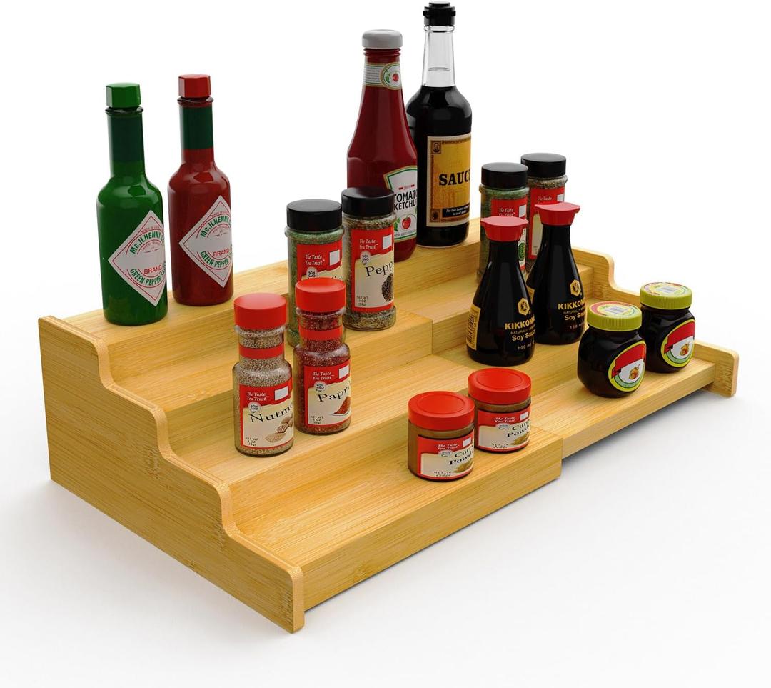 Spice Rack Organizer for Expandable 4-Tier, Adjustable Bamboo Spice Storage for Kitchen Cabinet, Pantry and Countertop Organization, Natural (8.58*9.44*4.29, Natrual)