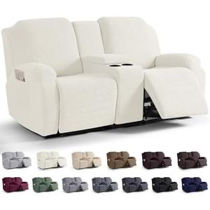 KinCam Loveseat Recliner Covers with Middle Console Slipcover, Recliner Sofa Covers 2 Seat Couch Cover Stripe Jacquard Furniture Protector Covers with Elastic Bottom for Kids, Pets(Cream)