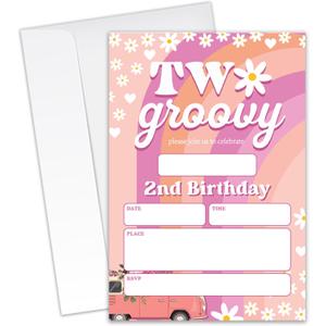Two Groovy Birthday Party Invitations - 20 Invitation Cards 4"x6" with 20 Envelopes - Groovy invitations for 2nd Birthday Party Invites.(139)