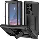 Compatible for Samsung Galaxy S25 Metal Case with Slide Camera Cover Built in Screen Protector Full Body Hybrid Stand Military Heavy duty Armor Aluminium Silicone Case For Man Construction Black