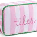 Sanwuta Mahjong Tile Bag with Zipper, Striped Embroidered Mahjong Storage Pouch Mah Jong Bags for Tiles Board Game Pieces Game Party Travel Gatherings Accessories(Pink, Classic)