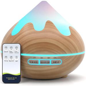 500ML Essential Oil Diffuser, Aromatherapy Diffuser with Remote Control, Multifunctional Air Diffusers for Home Office Room, Fragrance Aroma Diffuser with 7 Color LED & 2 Mist Mode, Brown