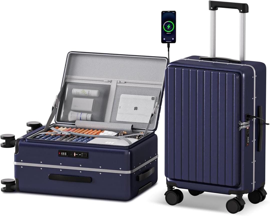 SKYROMER 20 Inch carry on luggage 22x14x9 airline approved Hard Shell Spinner Suitcase Top Opening Aluminum Frame Travel Luggage Suitcases for Woman Men Gifts (Blue)