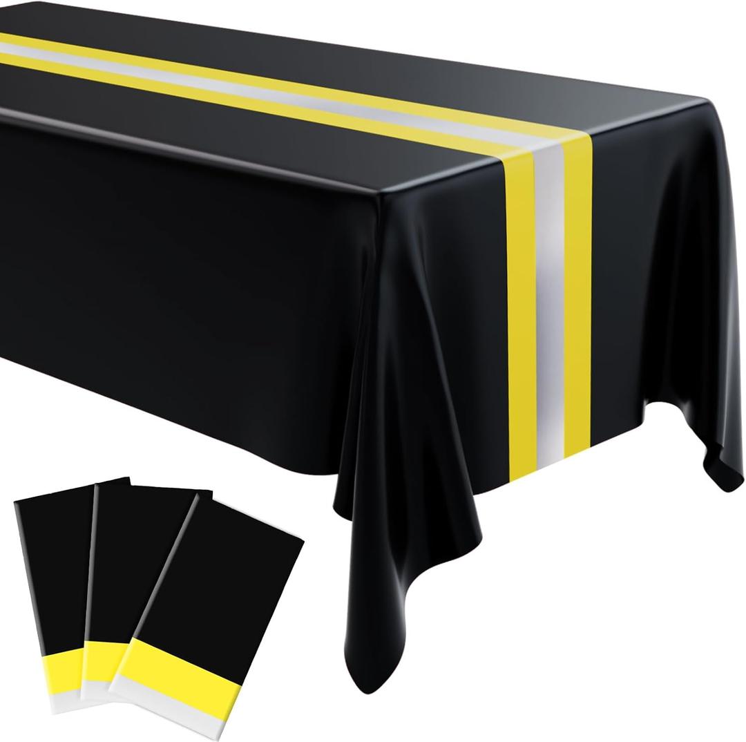 Oudain 3 Pcs Fire Fighting Tablecloth 54"x108" Table Runner Cover Disposable Plastic Rectangle Tablecloths for Firefighter Construction Road Racing Track Car Birthday Party Decoration Supplies(Black)