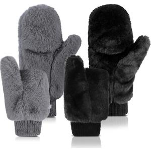 SATINIOR Faux Fur Mittens Fingerless Gloves Convertible Gloves Fluffy Winter Warm Soft Half Finger Fuzzy for Women (Black,Dark Gray)