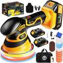 Cordless Car Buffer Polisher kit [2X 2000mAh 21V Batteries & 18 PCS Attachments] 6-Speed Orbital Design, LED Display, Lightweight Detailing Tool for Waxing, Polishing & Scratch Removal-Yellow