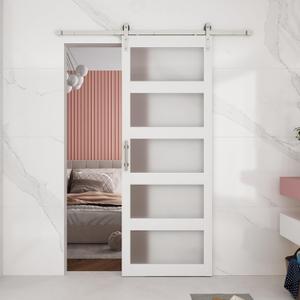 BARNSMITH 36in x 96in Glass Barn Door and 6.6FT Nickle Sliding Door Hardware Included, 5-Panel Frosted Glass, Solid Wood Covered with Water-Proof PVC Surface, Easy Assembly, White