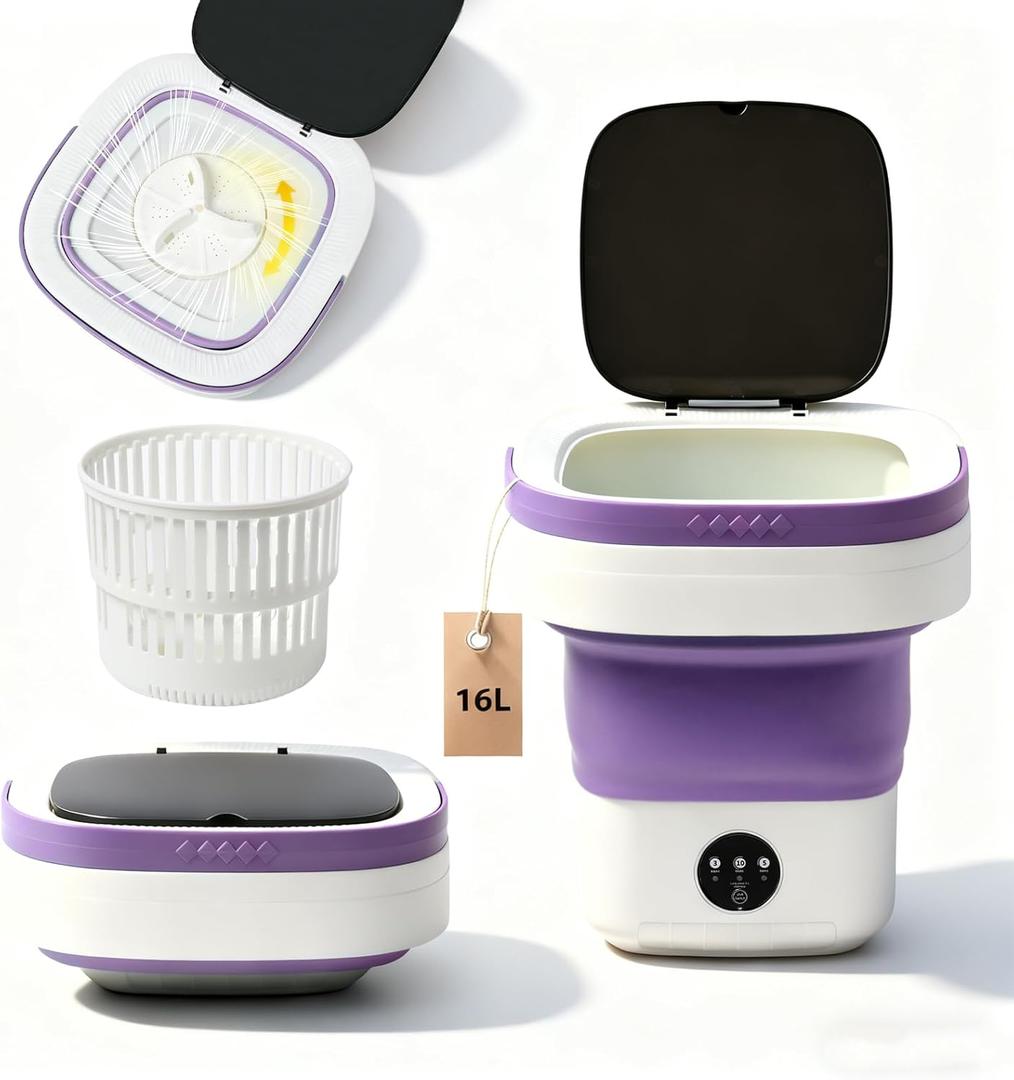 Mini Portable Foldable Washer - 16L Portable Washing Machine, Spin dryer, Small Folding Washing Machine 3 Cleaning Modes for Baby Clothes/Intimate Apparel, for Travel, Home (Purple)