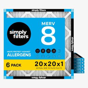 Simply 20x20x1 Air Filter, Merv 8, MPR 600, 6 Pack, Furnace Air Filter for HVAC (Actual Size: 19.75"x19.75"x0.75") DUST, Pet, & Allergy Control